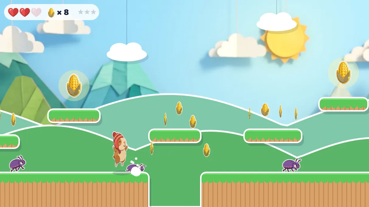 Captura de un juego hecho con IA: un cuy de papel saltando